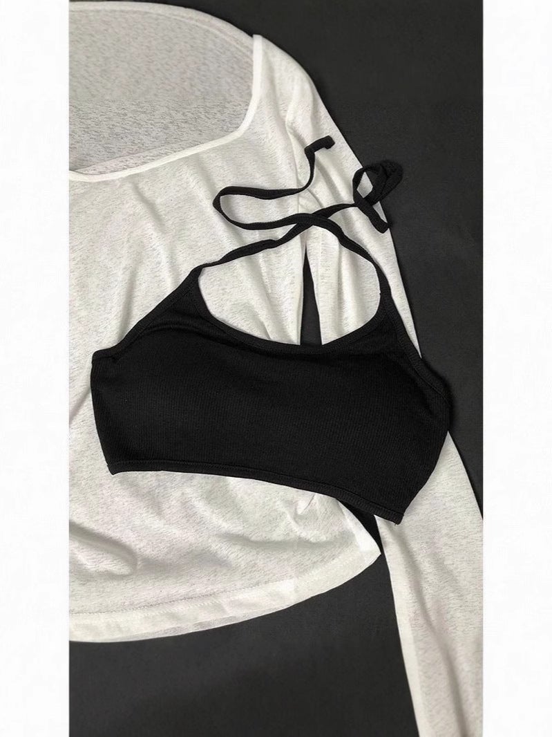 [Ready Stock In Our Own Factory] Hollow Pleated Women'S Sun Protection Knitted Blouse Long-Sleeved Suspender Thin Vest Two-Piece Set - Image 4